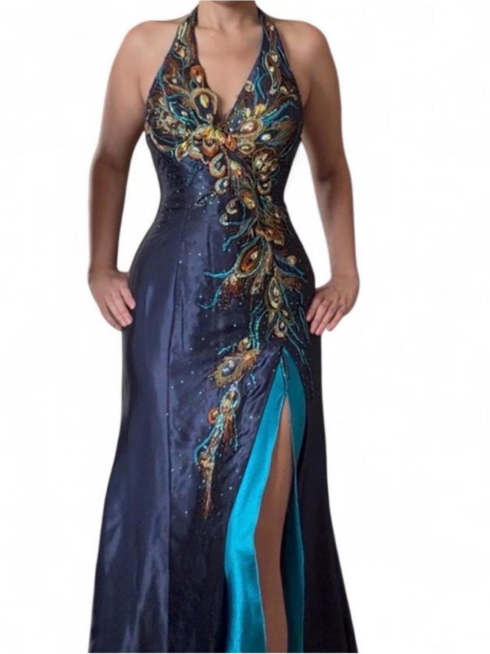 Vintage Tony Bowls Evenings Peacock Beaded Halter Gown sz 6 - Picture 2 of 8